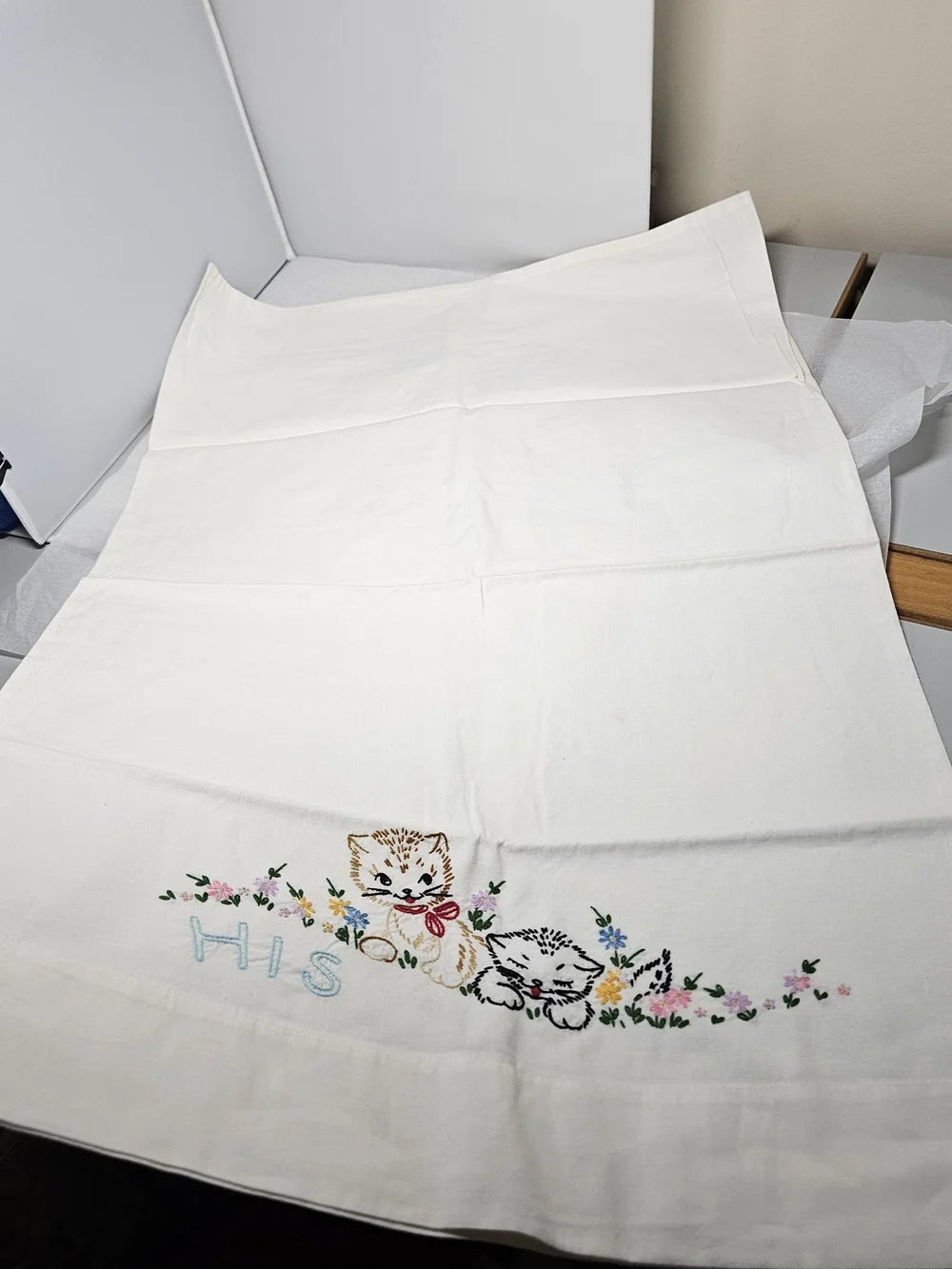 Vintage Pair Embroidered 'His' and 'Hers' Kitten Cat  Pillowcases